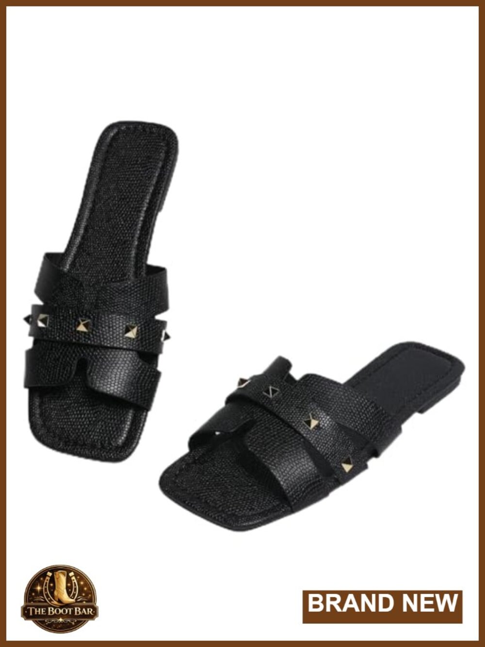 Rivet Embellished Faux Leather Flat Slide Sandals Square Toe Slip-On